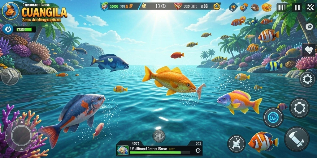 Tampilan gameplay seru dalam CUANGILA saat menembak ikan.