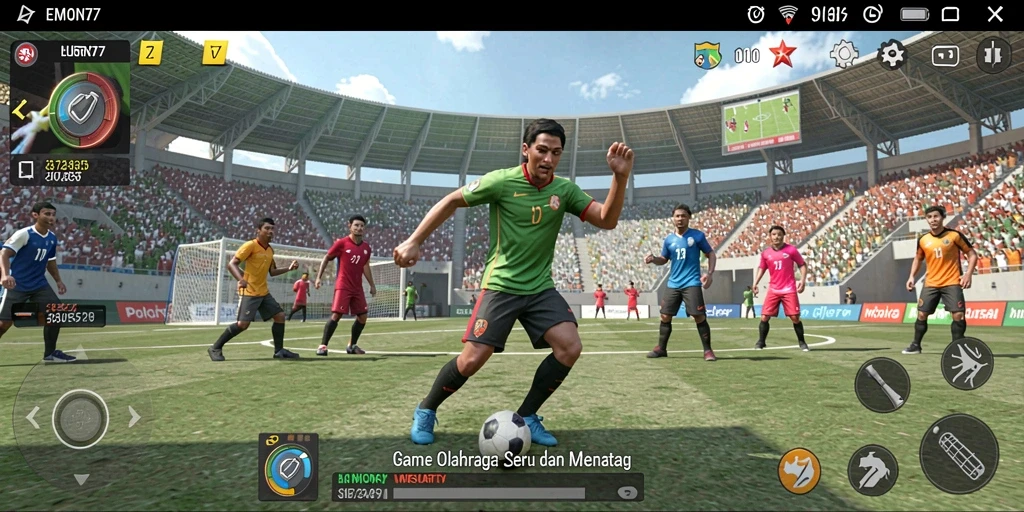 Screenshot dari gameplay EMON77 yang menunjukkan pertandingan olahraga yang menegangkan.