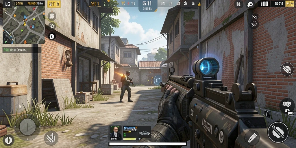 Tangkapan layar gameplay LG111 menampilkan aksi seru dalam pertempuran FPS yang mendebarkan.