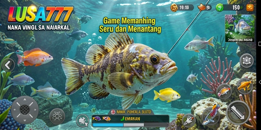 Tampilan gameplay LUSA777 yang menampilkan keseruan memancing di bawah laut.