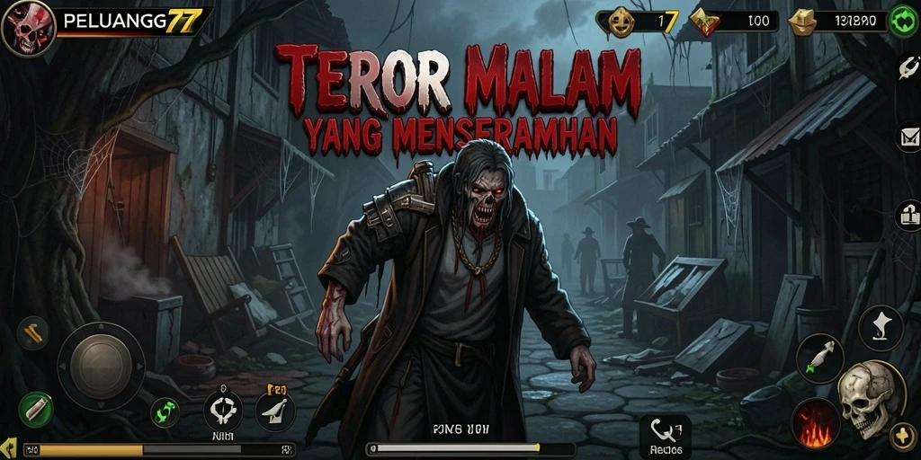 Screenshot gameplay <strong>PELUANG77</strong> menampilkan suasana mencekam dan karakter menakutkan.