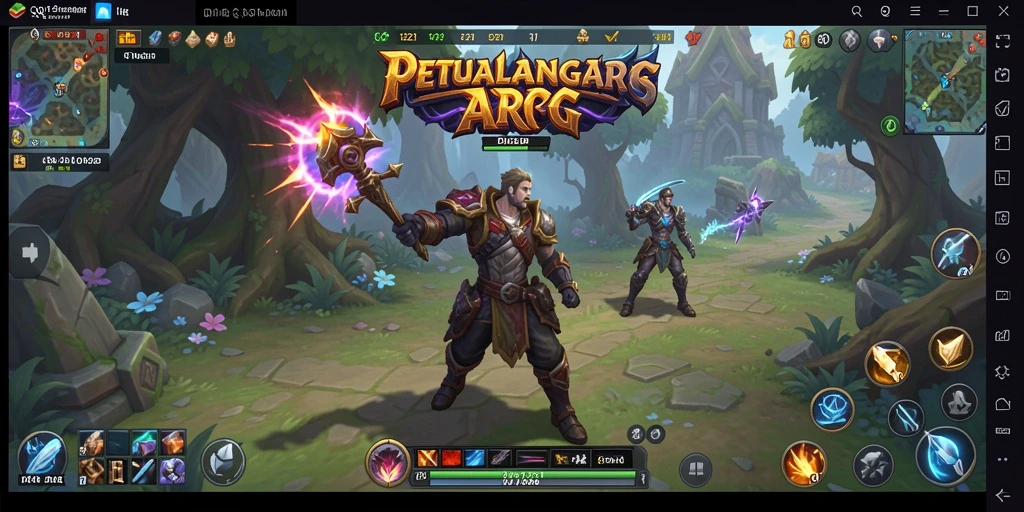 Screenshot gameplay QQ1221 menampilkan pertarungan epik dan dunia fantasi yang menakjubkan.
