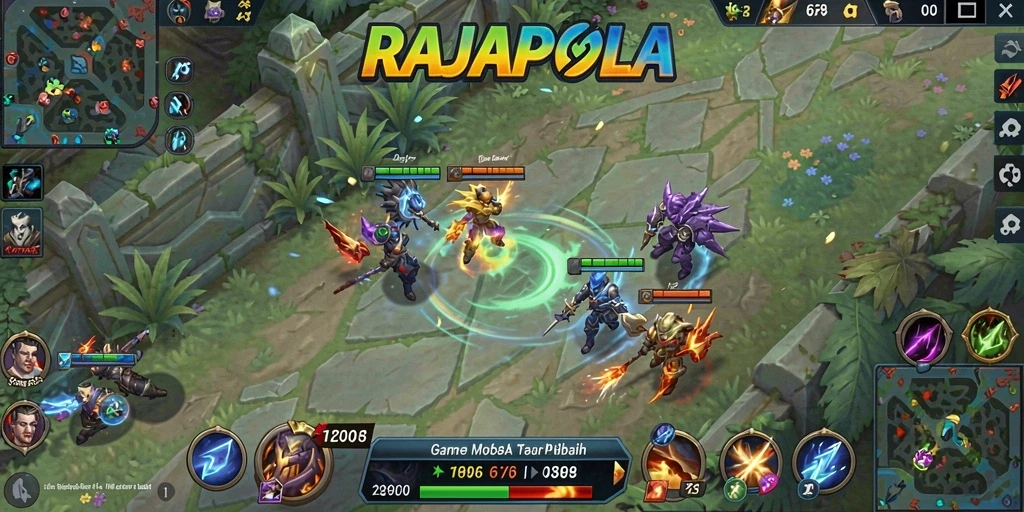 Screenshot RAJAPOLA menampilkan pertempuran epik dalam game MOBA.